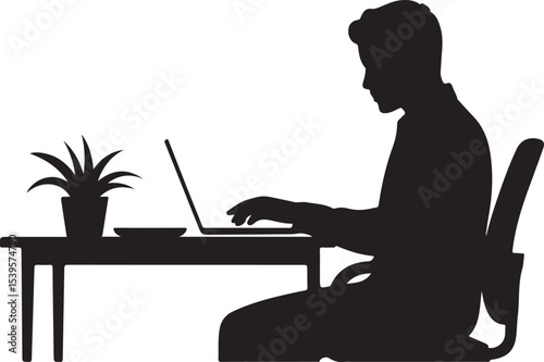 silhouette of man working at desk on laptop in home office setup representing focus productivity and remote job lifestyle