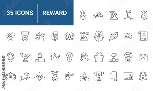 Reward set of web icons in line style. A collection of linear icons representing various reward concepts, including gift, trophy, recognition, reward program, medal, bonus, and more. Editable stroke. 