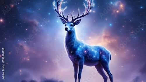 Glowing Deer Standing in a Starry Sky Background Fantasy Art