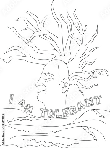 I Am Tolerant Affirmation Line Art, Black and white line art illustration depicting a profile view of a person's head with abstract organic shapes and wavy lines, featuring the affirmation text I AM 