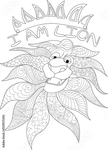 I AM Lion Affirmation Zentangle Coloring Page, Detailed line art illustration of a fierce lion's head wearing a crown, with the powerful affirmation 'I AM LION' above. The mane features intricate, 
