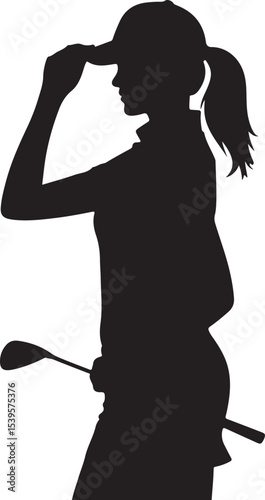 confident female golfer with hand on cap holding club behind back in stylish standing silhouette on course