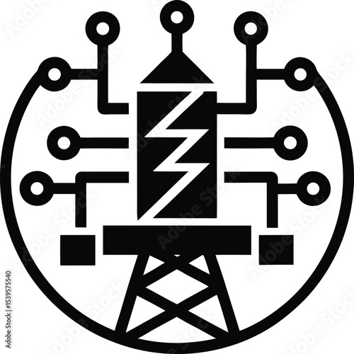 Electrical grid tower symbol showcasing Silhouette digital connectivity with a lightning bolt