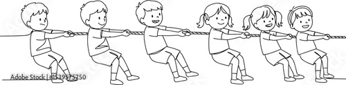 Children tug of war game line art, teamwork challenge, boys and girls playing together, competition fun, group activity sketch for childhood, education, sport, friendship, energy.