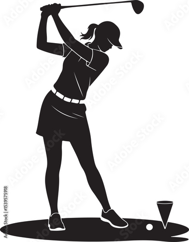 silhouette of female golfer in backswing position preparing for tee shot representing athletic form and golfing technique