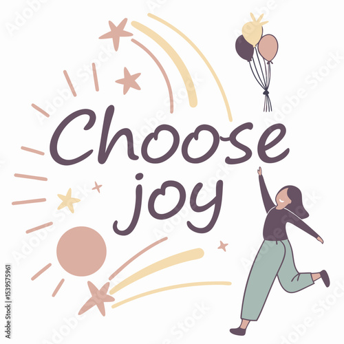 Choose Joy in script with sunburst and pastel palette, clean vector graphic, 