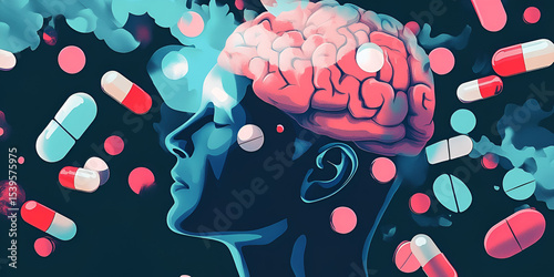 Pills Forming Human Face in Artistic Representation, Concept of Health with Pills Shaping Human Face, Digital Art with Pills Arranged to Form Human Face

