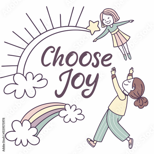 Choose Joy in script with sunburst and pastel palette, clean vector graphic, 