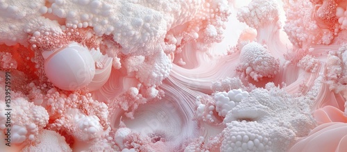 Abstract swirls of soft pink and white, resembling a fantastical landscape of bubbles and crystals
