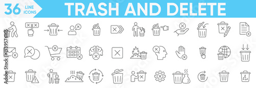 Trash and Delete Line icon set.delete button, trash, Erase, garbage, clear, waste, cancel, undo, throw,  remove and more.Vector and illustrator set.