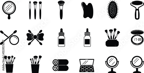 Beauty tools icons, makeup brushes, mirror, face roller, cotton swab, dropper, cosmetic palette, skincare accessories, vector illustration