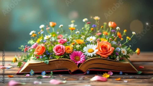 Open Book Filled With Colorful Wildflowers on Wooden Table