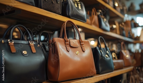 Shelves lined with various leather handbags