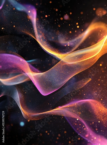 Abstract swirling lines of vibrant, glowing colors against a dark background dotted with shimmering particles