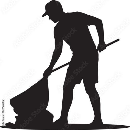 silhouette of man cleaning with rake on ground showing action duty environment and outdoor maintenance responsibility