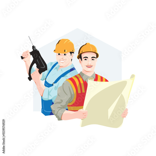 Group of construction worker collection set with house building background hold drill and architect paper scroll. Logo vector illustration design component 