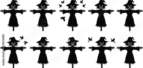 Scarecrow silhouette, Halloween icon, spooky character, flying crow vector, farm scarecrow art, autumn harvest design, black figure, vector illustration
