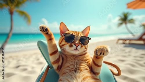 Cat Relaxing on Beach Chair Wearing Sunglasses on Tropical Beach
