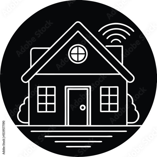 A monochrome icon depicting a Silhouette smart home with wireless connectivity