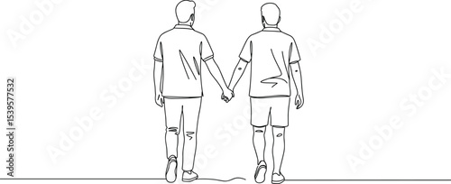 One line drawing of two men holding hands walking together, LGBTQ couple minimal art, same-sex love illustration, equality concept, pride relationship vector, modern sketch.