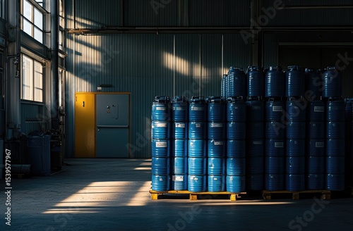 Industrial warehouse interior with blue barrels