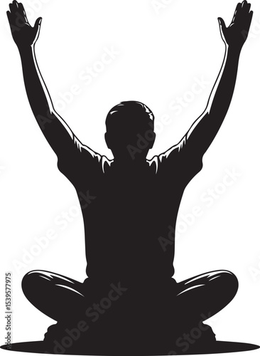 meditative man sitting cross-legged with arms raised in calm peaceful silhouette for yoga prayer or inner awakening concept