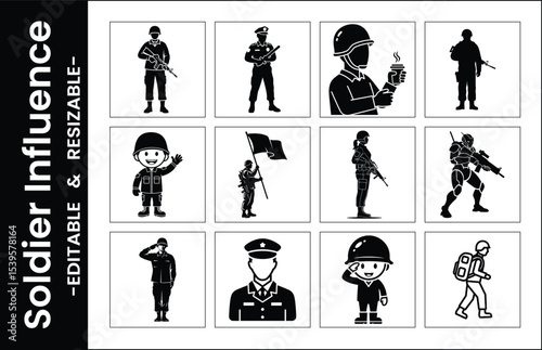 Soldier Icon Set Black And White Military Uniforms Illustration Customizable Vector Graphics