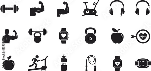 Fitness icons, gym equipment, smartwatch, heart rate, muscle, jump rope, treadmill, apple, healthy lifestyle, vector illustration design set