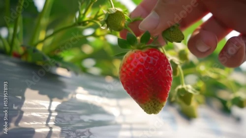 Picking Ripe Strawberry Close Up in a Field Fresh and Organic
