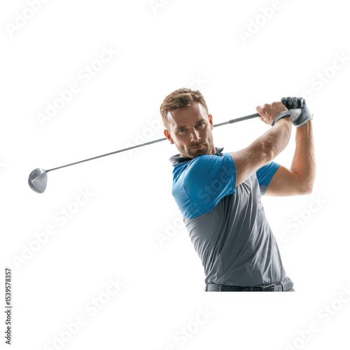 Professional Male Golfer Posing Mid Swing on the Course