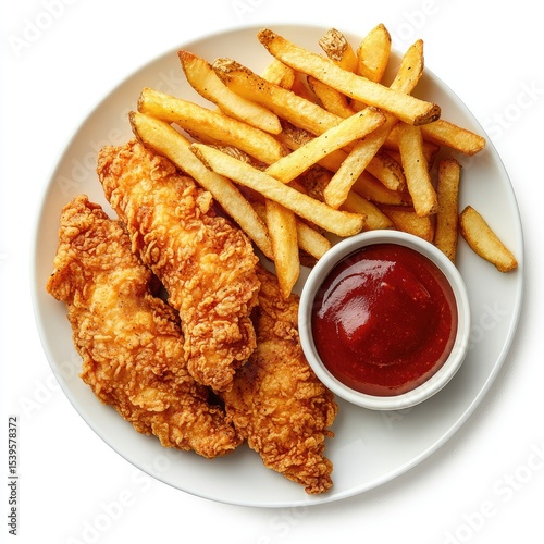Crispy fried chicken tenders and fries with dipping sauce
