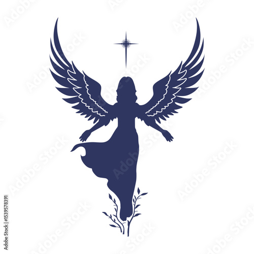 Fantasy woman angel soars in the air with huge bird wings. Girl in levitation flies. Lady goddess in dress, fabric waving fluttering in motion