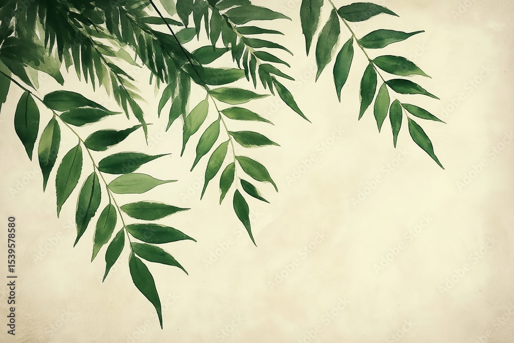 Naklejka premium Green leaves on a soft beige textured background