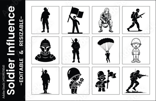 Soldier Silhouette Vector Icons Set Military Personnel Collection Editable And Resizable Graphics Army Icons