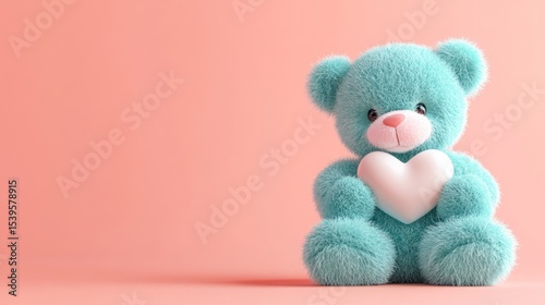 Soft teal teddy bear holding a white heart against a pastel peach background