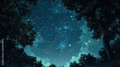 Looking up at a starry night sky through the trees in a forest with a dark blue color palette