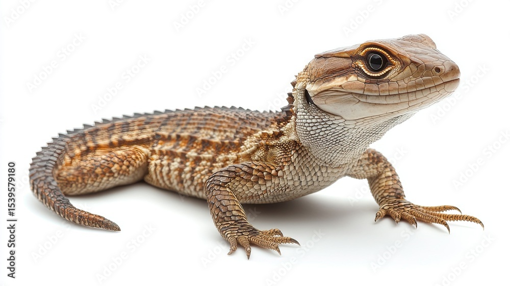 Naklejka premium Isolated tuatara reptile with brown patterned skin standing on a white surface looking to the right