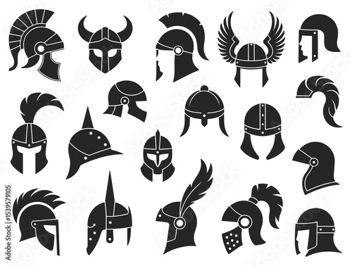 Military helmets vector icons set including ancient roman gallic norman viking greek spartan and medieval knight headgear

