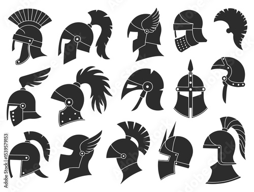 Set of military helmets vector icons featuring roman gallic, norman viking, greek spartan and medieval knight styles

