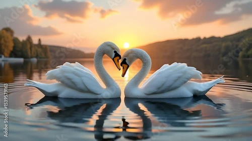 Swans Forming Heart Shape at Sunset on Lake Serene Wildlife Scene
