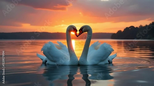 Swans Forming Heart Shape on Lake at Sunset Calm Wildlife Scene