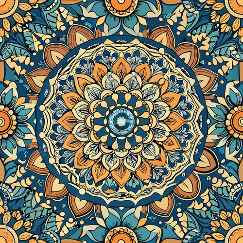 A highly detailed and repeating seamless pattern with edge-to-edge precision, featuring an intricate mandala design. The central element should have layered floral and geometric motifs, radiating outw