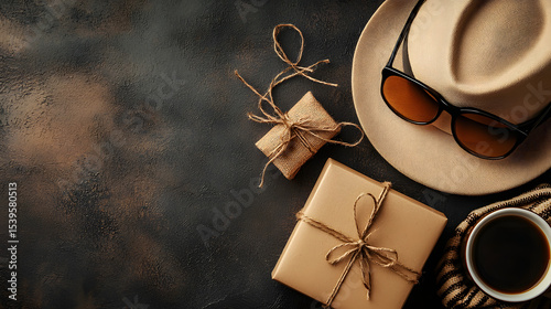 Avertical warm-toned image showcasing Father's Day elements, including a gift box, a fedora hat