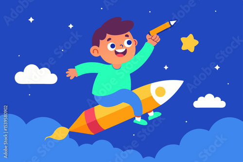 Cartoon vector illustration of a little boy flying through the night sky with stars and the moon