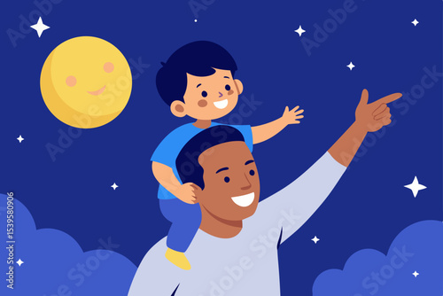 Cartoon illustration of a boy on the moon with stars, a vector for a child's winter holiday night