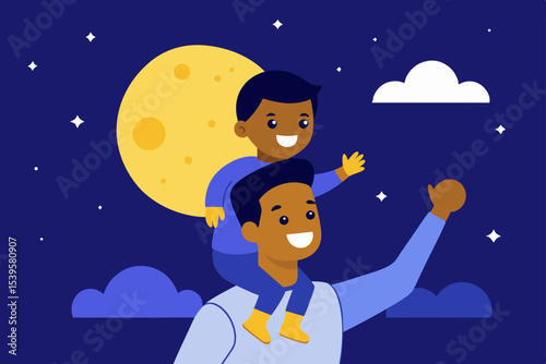 A charming cartoon illustration of a little boy, his dog, and his teddy bear under a starry Christmas moonlit night sky