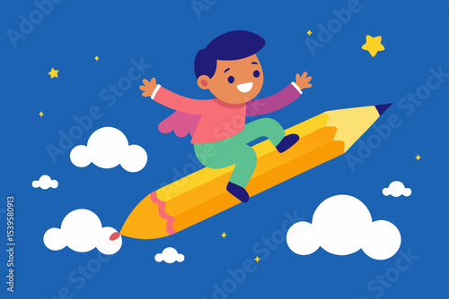 Fun cartoon vector illustration of a boy on a swing, surfing the winter sky on a snowboard, with a rocket and the moon in the background