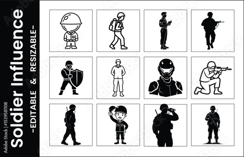 Soldier Character Vector Icons In Various Poses Uniforms And Styles Black And White Illustration
