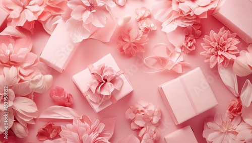 Floral Arrangement Featuring Gift Boxes and Delicate Pink Blooms for Celebrations