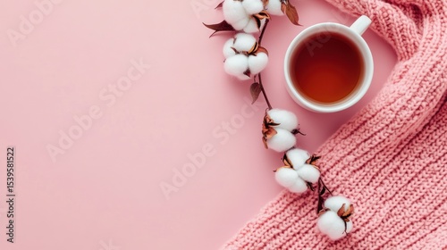 Warmth and Serenity: A Cozy Still Life with Tea, Cotton Flowers, and Knitted Scarf